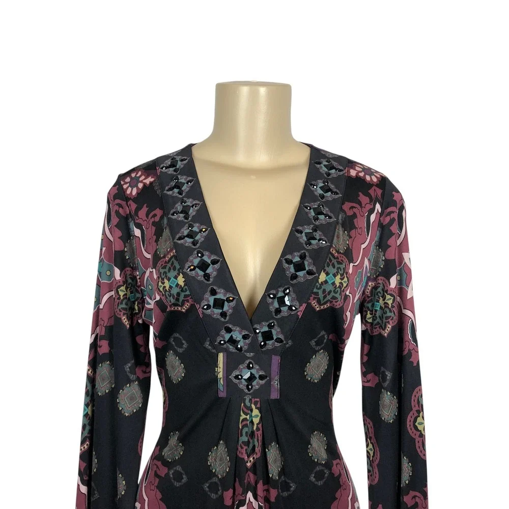 Hale Bob Beaded V-Neck Multicolor Paisley Print Mini Dress Size S Y2K Boho - Picture 2 of 8